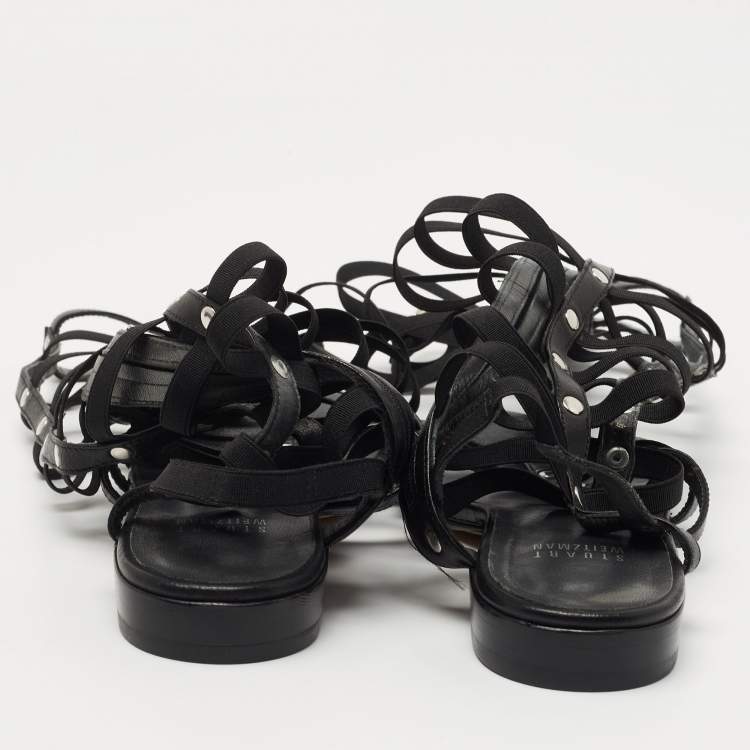 Pre Owned Stuart Weitzman Black Leather Aphrodite Gladiator Flat Sandals Size 38.5 