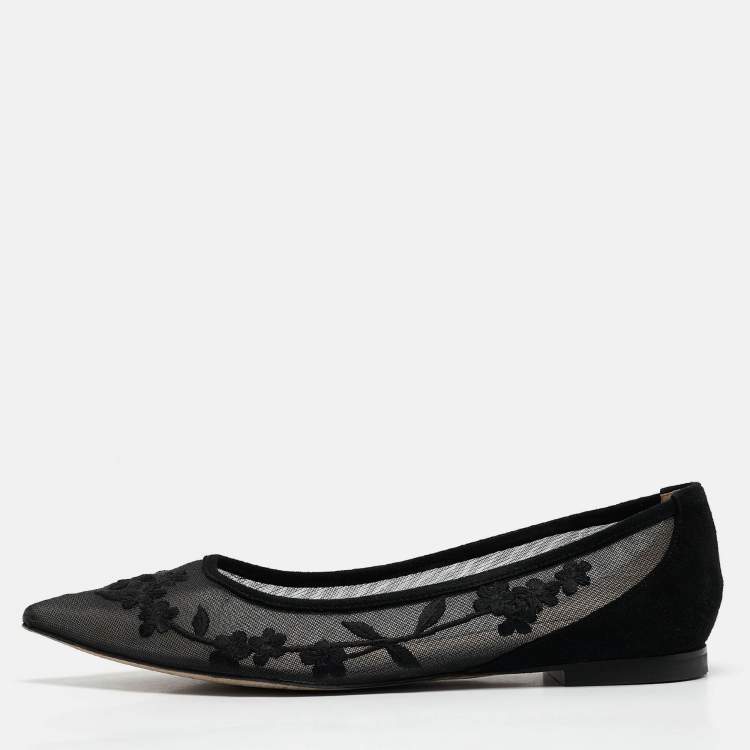 Pre Owned Stuart Weitzman Black Embroidered Mesh and Suede Pointed Toe Ballet Flats Size 39.5