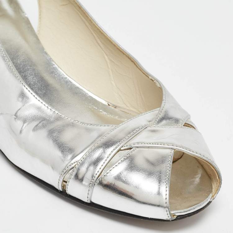 Pre Owned Stuart Weitzman Silver Leather Wedge Peep Toe Pumps Size 39