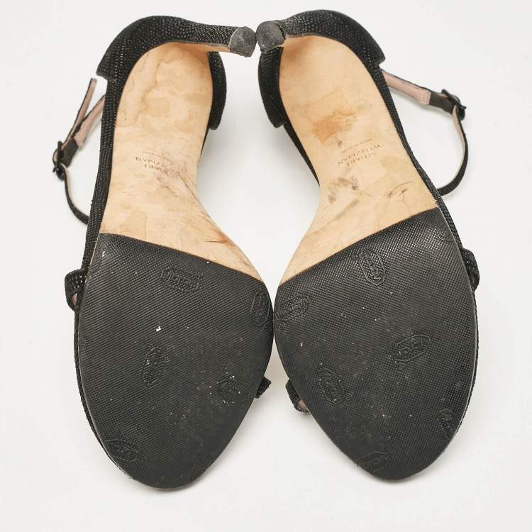 Pre Owned Stuart Weitzman Black Textured Suede Ankle Strap Open Toe Sandals Size 38