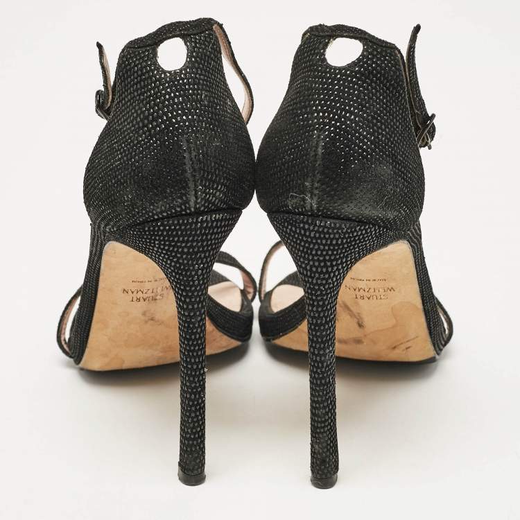 Pre Owned Stuart Weitzman Black Textured Suede Ankle Strap Open Toe Sandals Size 38