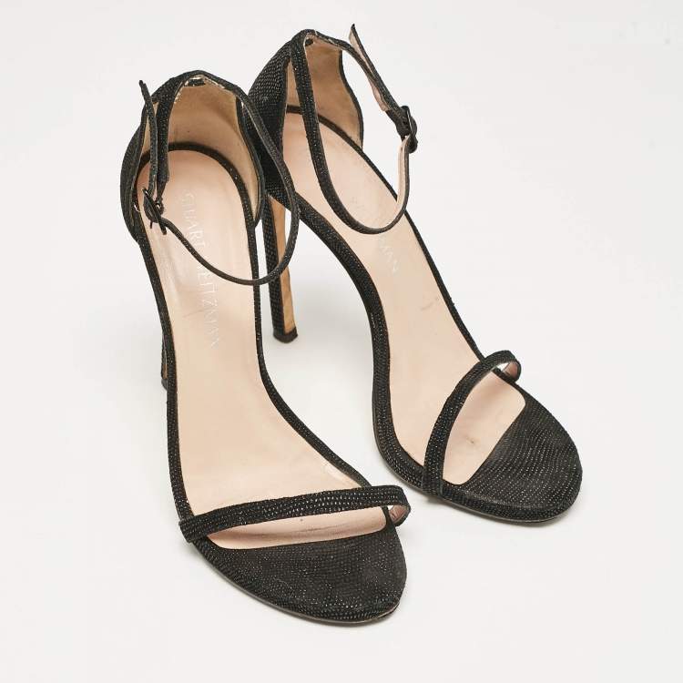 Pre Owned Stuart Weitzman Black Textured Suede Ankle Strap Open Toe Sandals Size 38