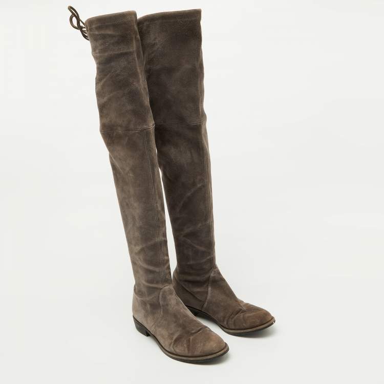 Pre Owned Stuart Weitzman Grey Suede Over The Knee Boots Size 37
