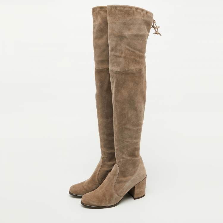 Pre Owned Stuart Weitzman Taupe Grey Suede Over The Knee Boots Size 37.5