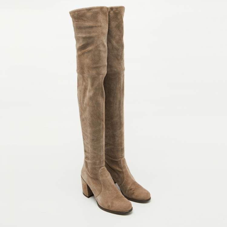 Pre Owned Stuart Weitzman Taupe Grey Suede Over The Knee Boots Size 37.5