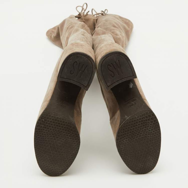 Pre Owned Stuart Weitzman Taupe Grey Suede Over The Knee Boots Size 37.5