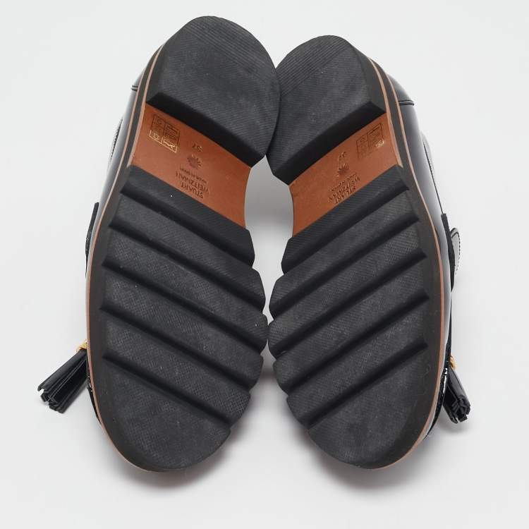 Pre Owned Stuart Weitzman Black Patent Leather Tassels Detailed Loafers Size 37