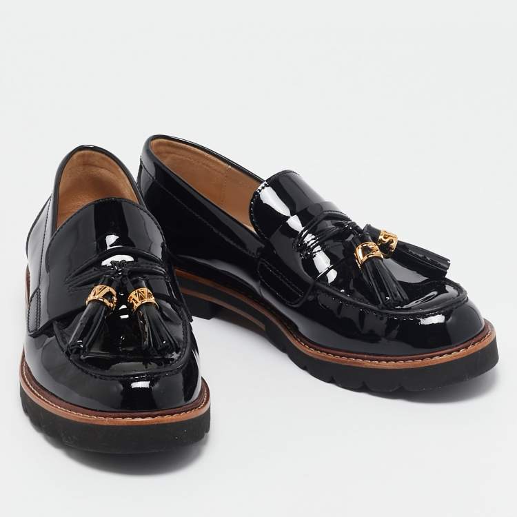 Pre Owned Stuart Weitzman Black Patent Leather Tassels Detailed Loafers Size 37