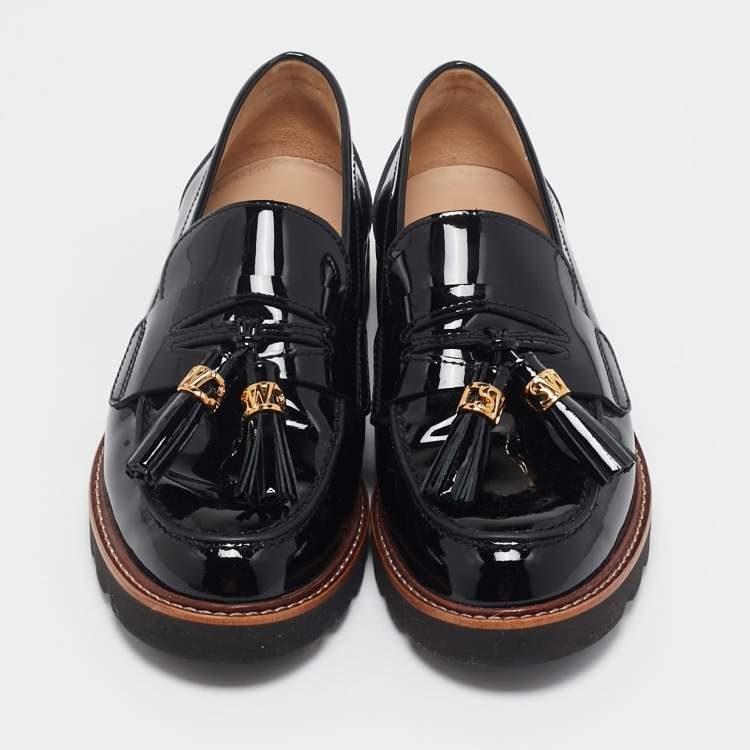 Pre Owned Stuart Weitzman Black Patent Leather Tassels Detailed Loafers Size 37