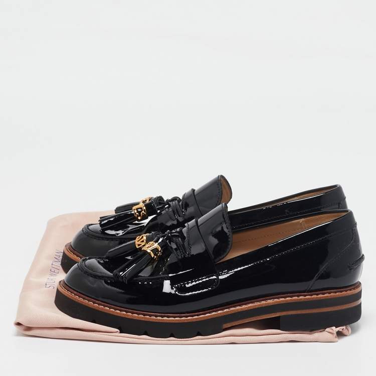 Pre Owned Stuart Weitzman Black Patent Leather Tassels Detailed Loafers Size 37