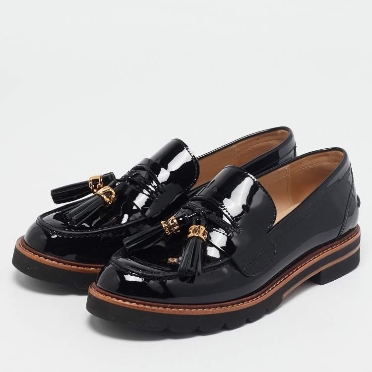 Pre Owned Stuart Weitzman Black Patent Leather Tassels Detailed Loafers Size 37