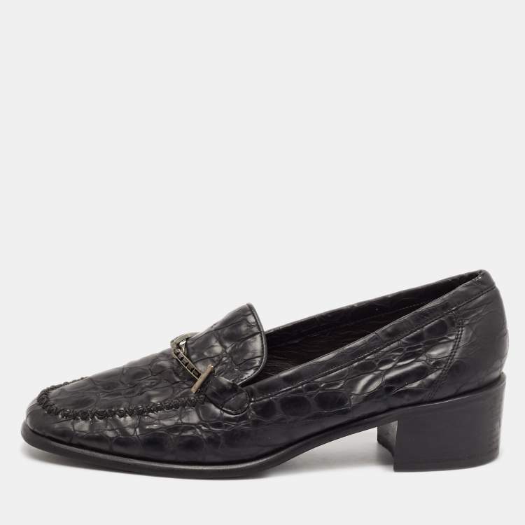 Pre Owned Stuart Weitzman Black Croc Embossed Leather Slip On Loafers Size 37.5