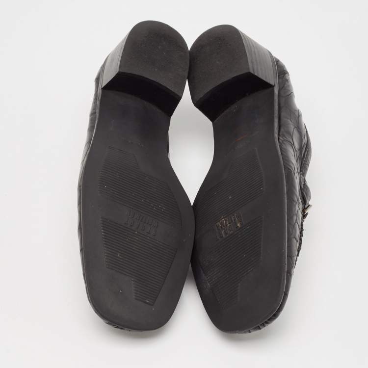 Pre Owned Stuart Weitzman Black Croc Embossed Leather Slip On Loafers Size 37.5