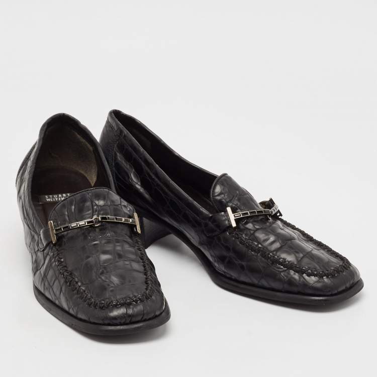 Pre Owned Stuart Weitzman Black Croc Embossed Leather Slip On Loafers Size 37.5