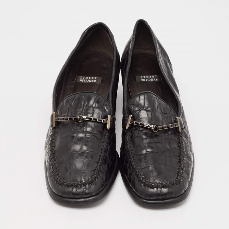 Pre Owned Stuart Weitzman Black Croc Embossed Leather Slip On Loafers Size 37.5