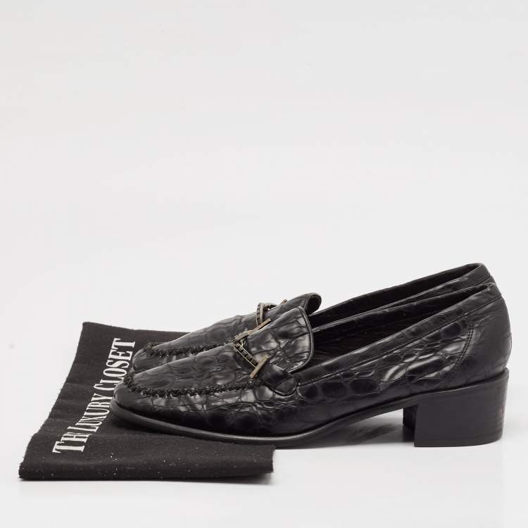 Pre Owned Stuart Weitzman Black Croc Embossed Leather Slip On Loafers Size 37.5