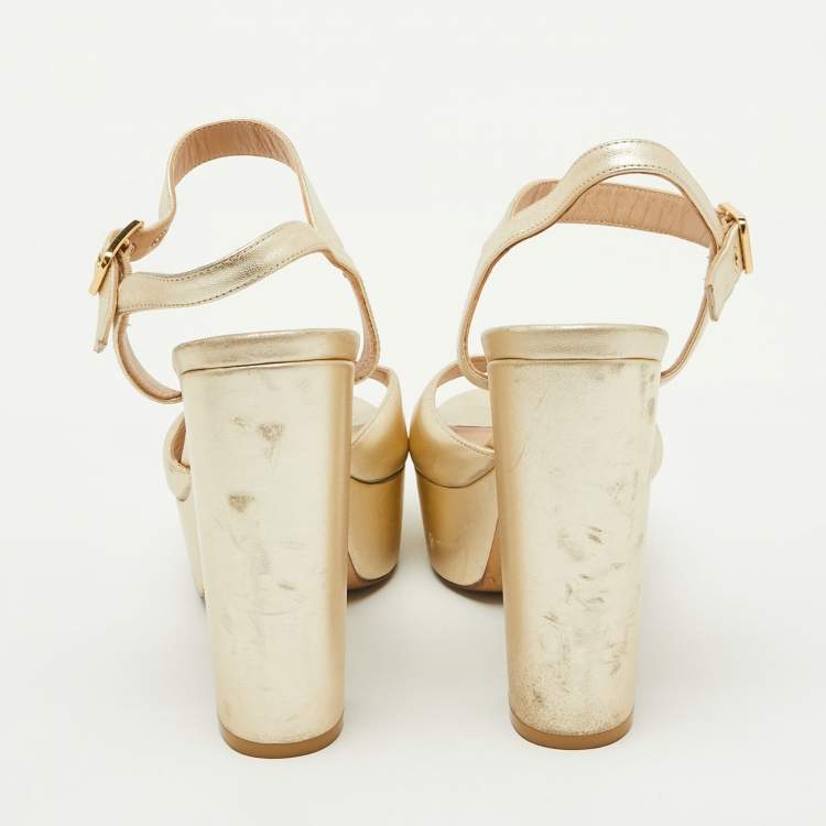 Pre Owned Stuart Weitzman Gold Leather Ankle Strap Platform Sandals Size 39.5