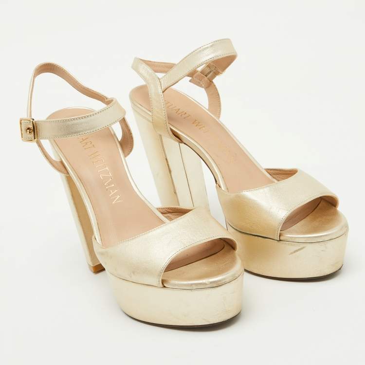 Pre Owned Stuart Weitzman Gold Leather Ankle Strap Platform Sandals Size 39.5