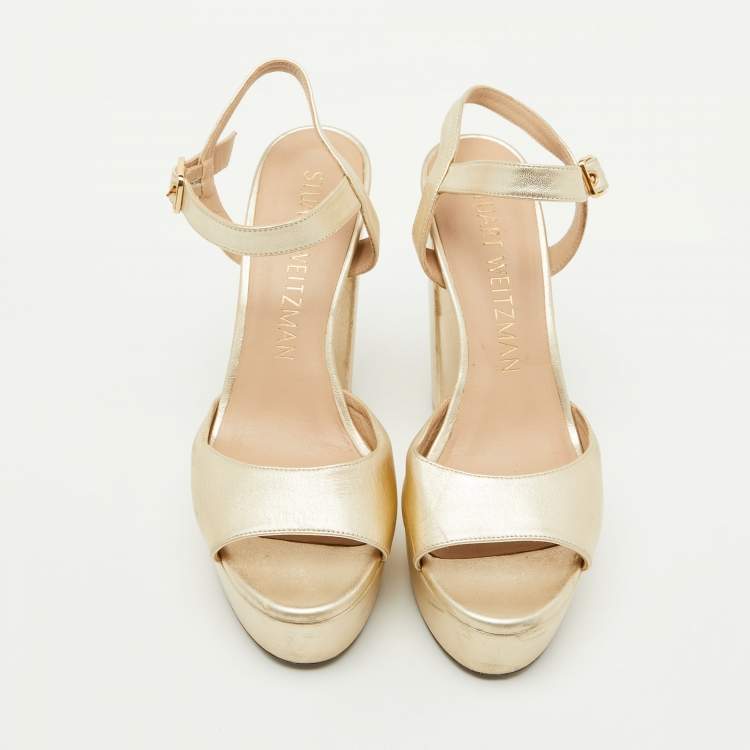 Pre Owned Stuart Weitzman Gold Leather Ankle Strap Platform Sandals Size 39.5