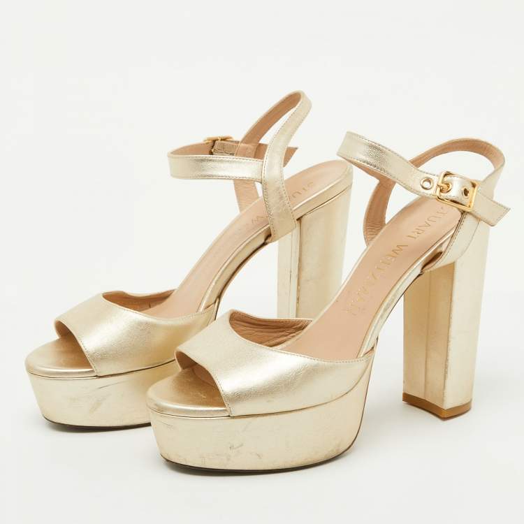 Pre Owned Stuart Weitzman Gold Leather Ankle Strap Platform Sandals Size 39.5
