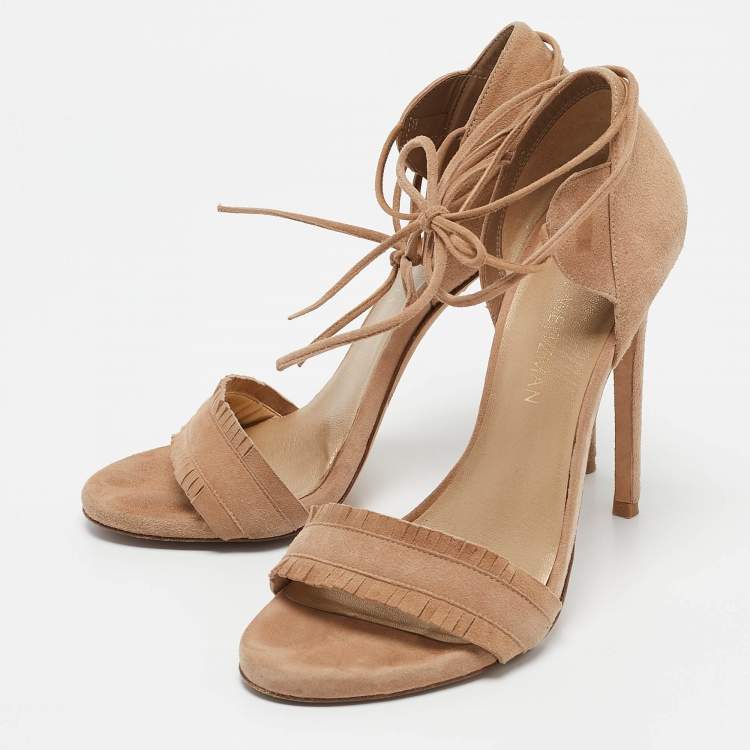 Pre Owned Stuart Weitzman Beige Suede Ankle Tie Up Sandals Size 38.5