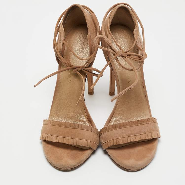 Pre Owned Stuart Weitzman Beige Suede Ankle Tie Up Sandals Size 38.5