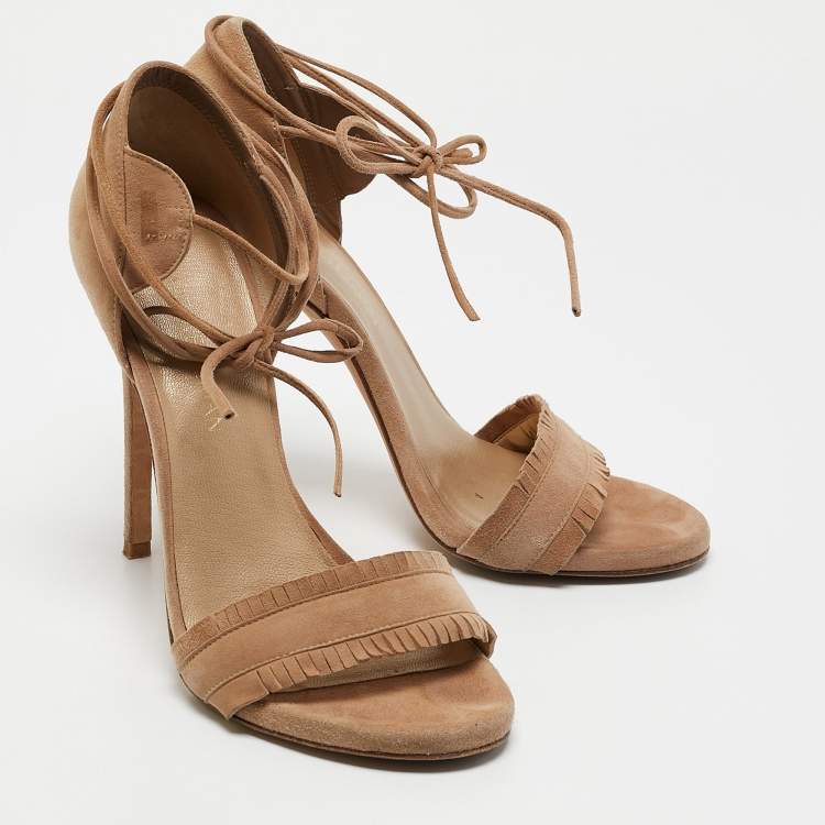 Pre Owned Stuart Weitzman Beige Suede Ankle Tie Up Sandals Size 38.5