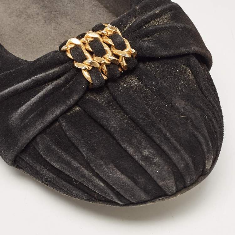 Pre Owned Stuart Weitzman Black Suede Chain Embellished Ballet Flats Size 37