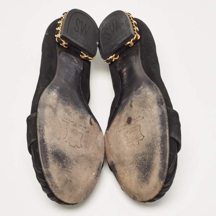 Pre Owned Stuart Weitzman Black Suede Chain Embellished Ballet Flats Size 37