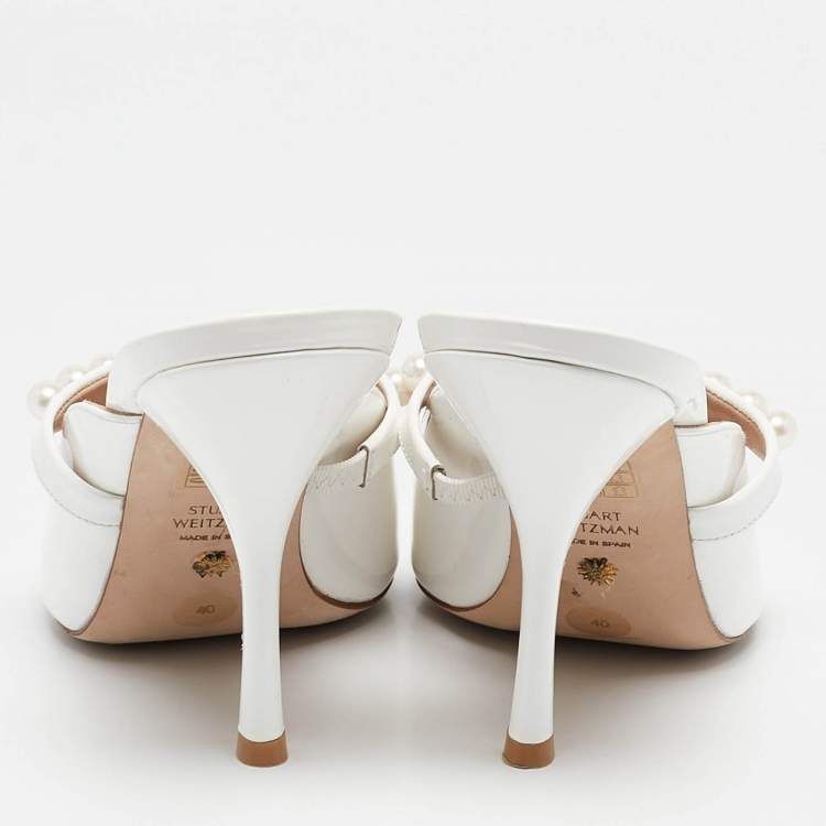 Pre Owned Stuart Weitzman White Patent Leather Goldie Pointed Toe Mules Size 40