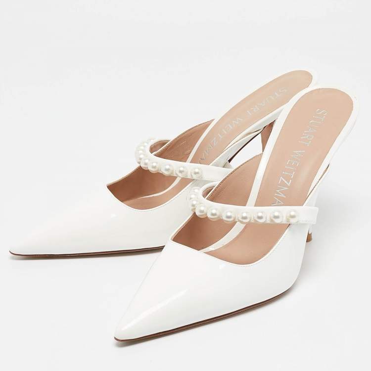 Pre Owned Stuart Weitzman White Patent Leather Goldie Pointed Toe Mules Size 40