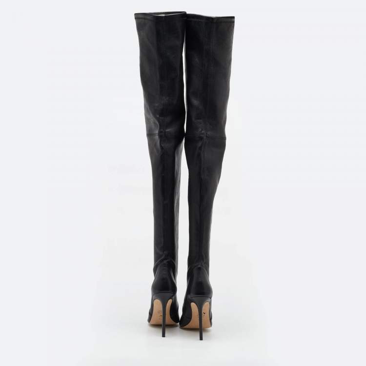 Pre Owned Stuart Weitzman Black Leather Pointed Toe Over The Knee Stretch Boots Size 40