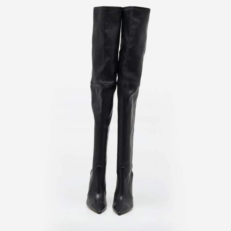 Pre Owned Stuart Weitzman Black Leather Pointed Toe Over The Knee Stretch Boots Size 40