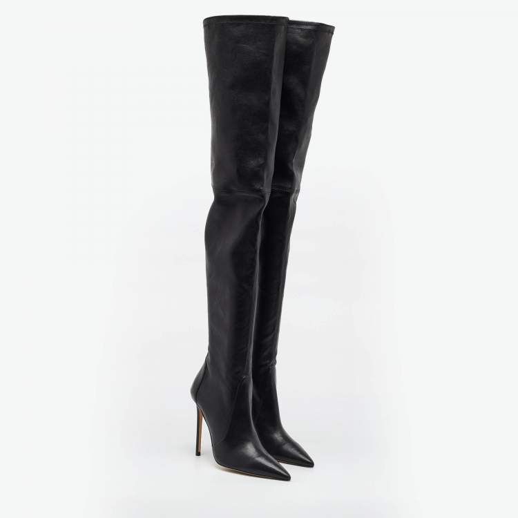 Pre Owned Stuart Weitzman Black Leather Pointed Toe Over The Knee Stretch Boots Size 40