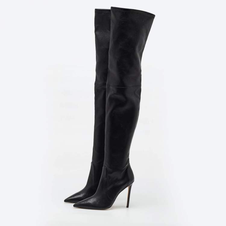 Pre Owned Stuart Weitzman Black Leather Pointed Toe Over The Knee Stretch Boots Size 40