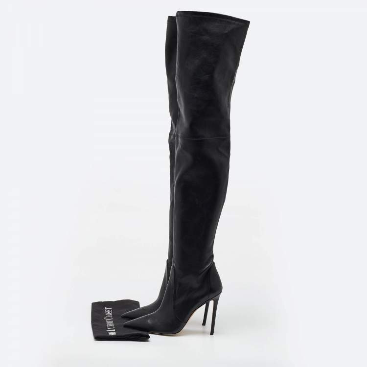 Pre Owned Stuart Weitzman Black Leather Pointed Toe Over The Knee Stretch Boots Size 40