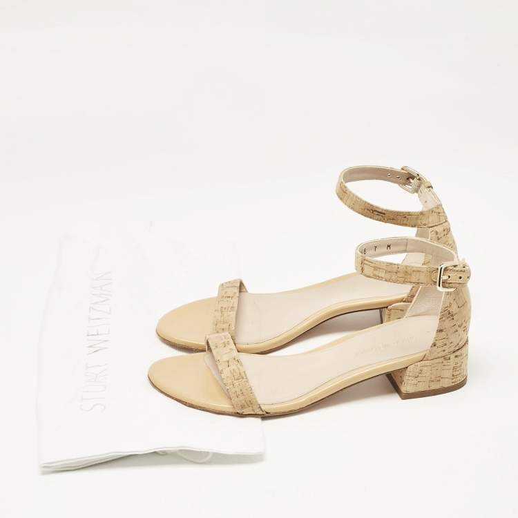 Pre Owned Stuart Weitzman Beige Cork and Leather Ankle Strap Sandals Size 37.5