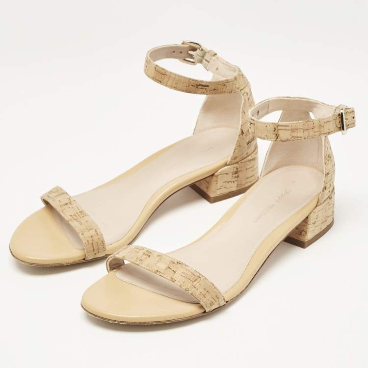Pre Owned Stuart Weitzman Beige Cork and Leather Ankle Strap Sandals Size 37.5