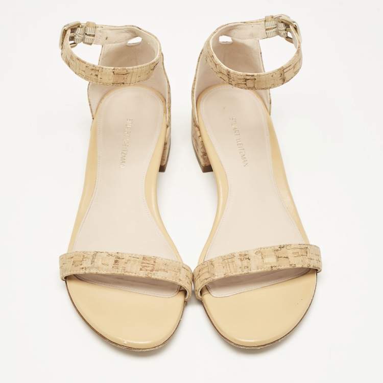 Pre Owned Stuart Weitzman Beige Cork and Leather Ankle Strap Sandals Size 37.5