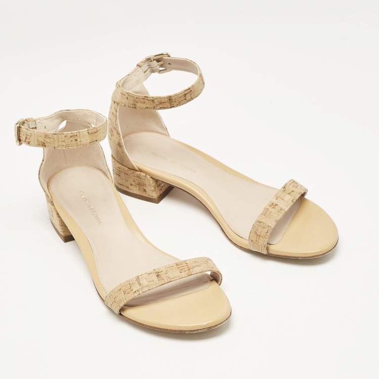 Pre Owned Stuart Weitzman Beige Cork and Leather Ankle Strap Sandals Size 37.5