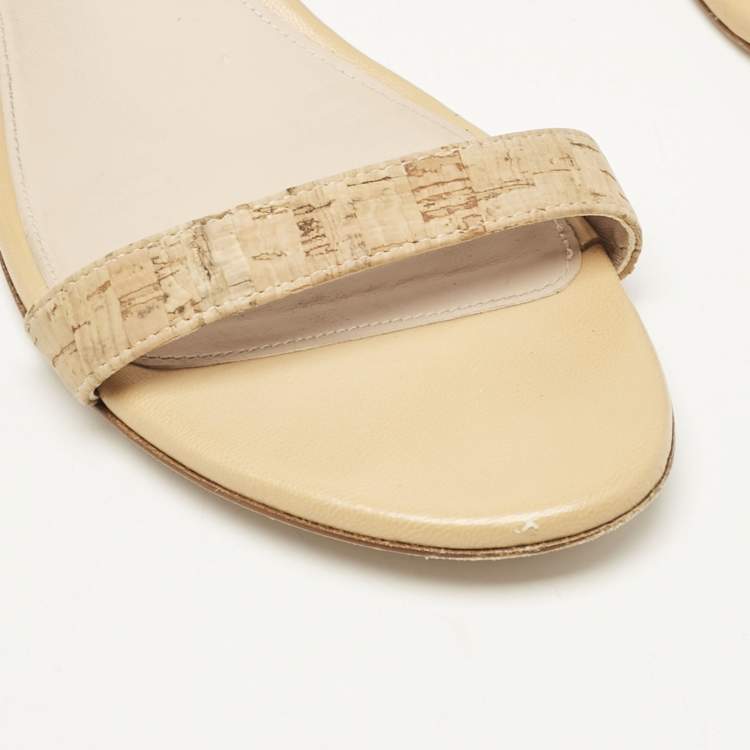 Pre Owned Stuart Weitzman Beige Cork and Leather Ankle Strap Sandals Size 37.5