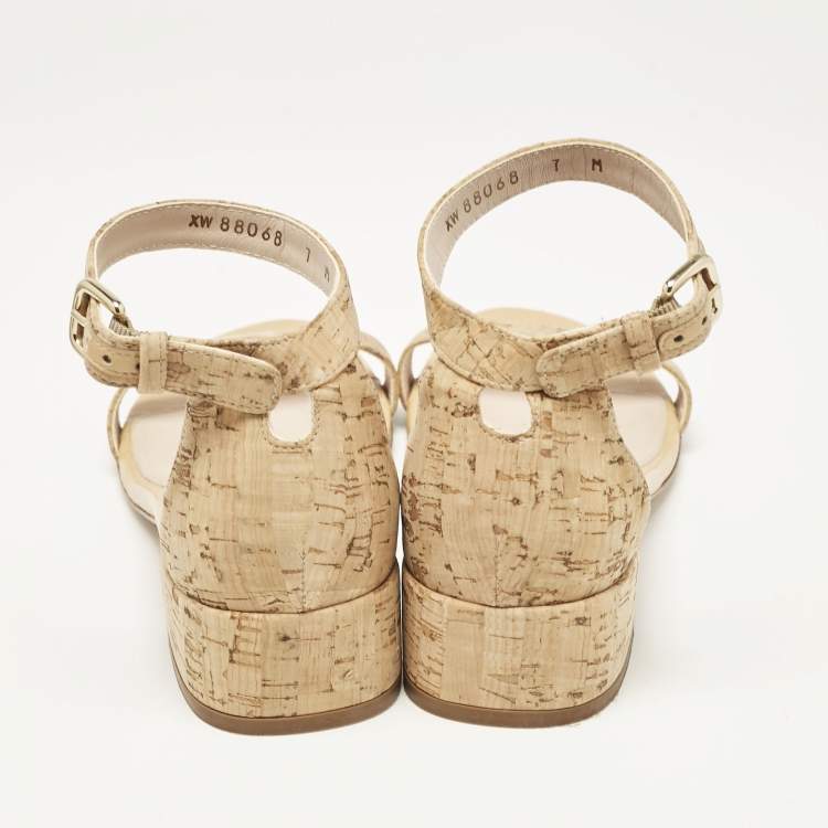 Pre Owned Stuart Weitzman Beige Cork and Leather Ankle Strap Sandals Size 37.5