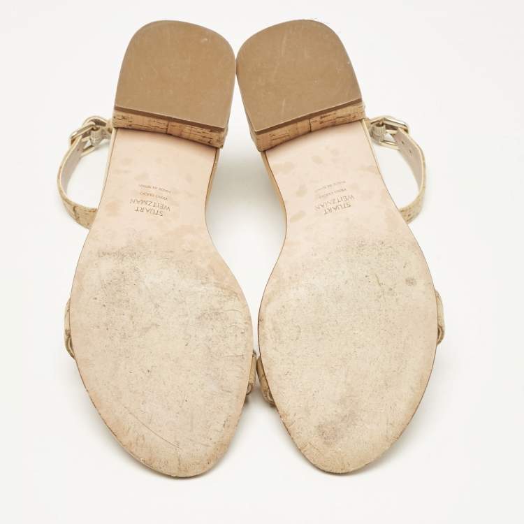 Pre Owned Stuart Weitzman Beige Cork and Leather Ankle Strap Sandals Size 37.5