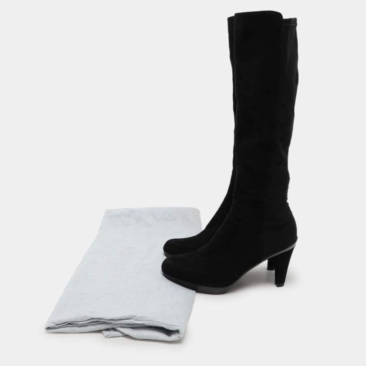 Pre Owned Stuart Weitzman Black Faux Suede and Stretch Fabric Knee Length Boots Size 35.5