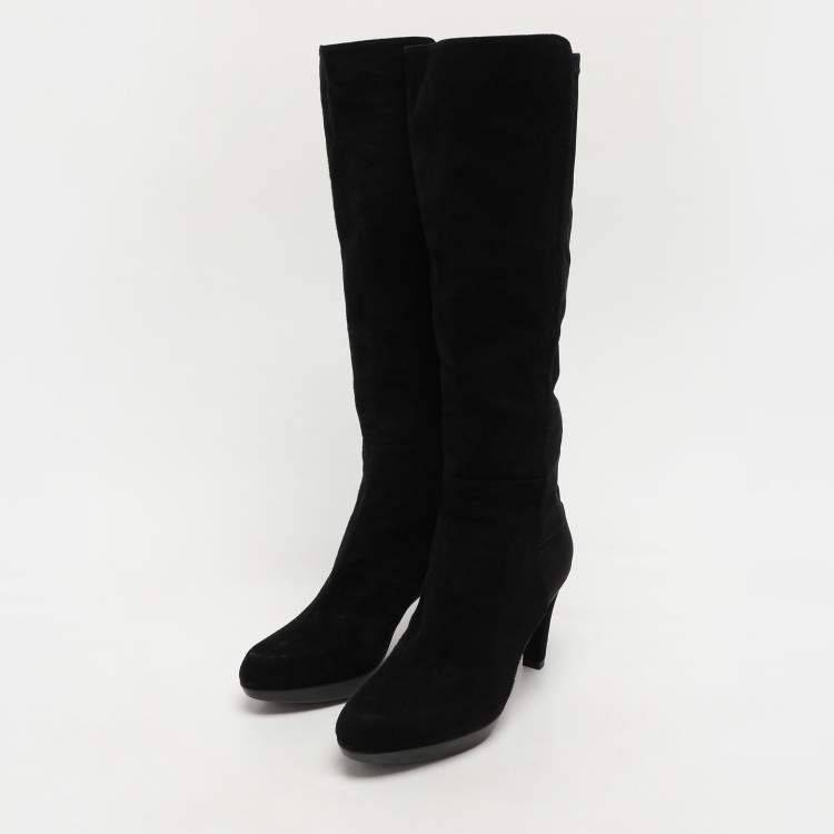 Pre Owned Stuart Weitzman Black Faux Suede and Stretch Fabric Knee Length Boots Size 35.5