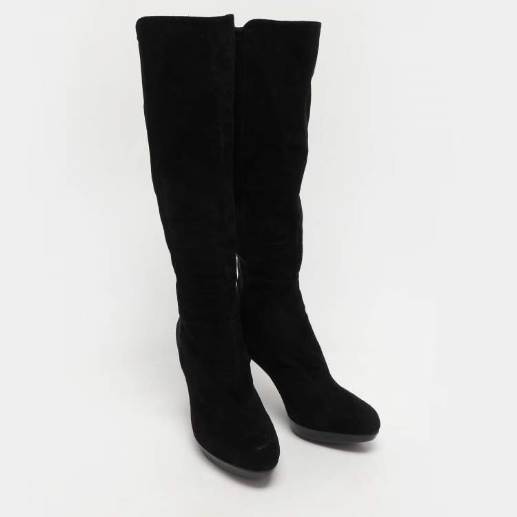 Pre Owned Stuart Weitzman Black Faux Suede and Stretch Fabric Knee Length Boots Size 35.5