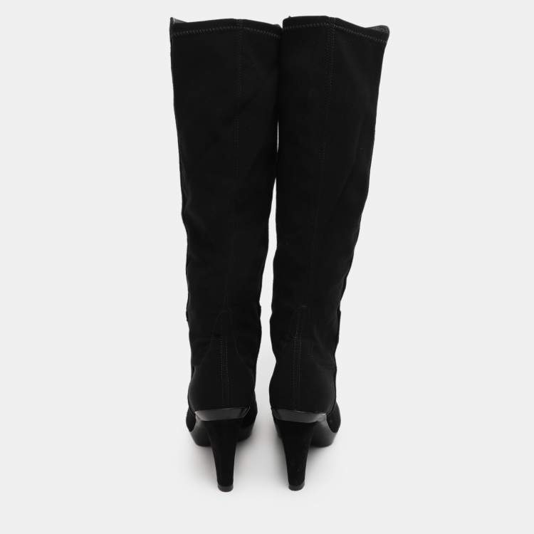 Pre Owned Stuart Weitzman Black Faux Suede and Stretch Fabric Knee Length Boots Size 35.5