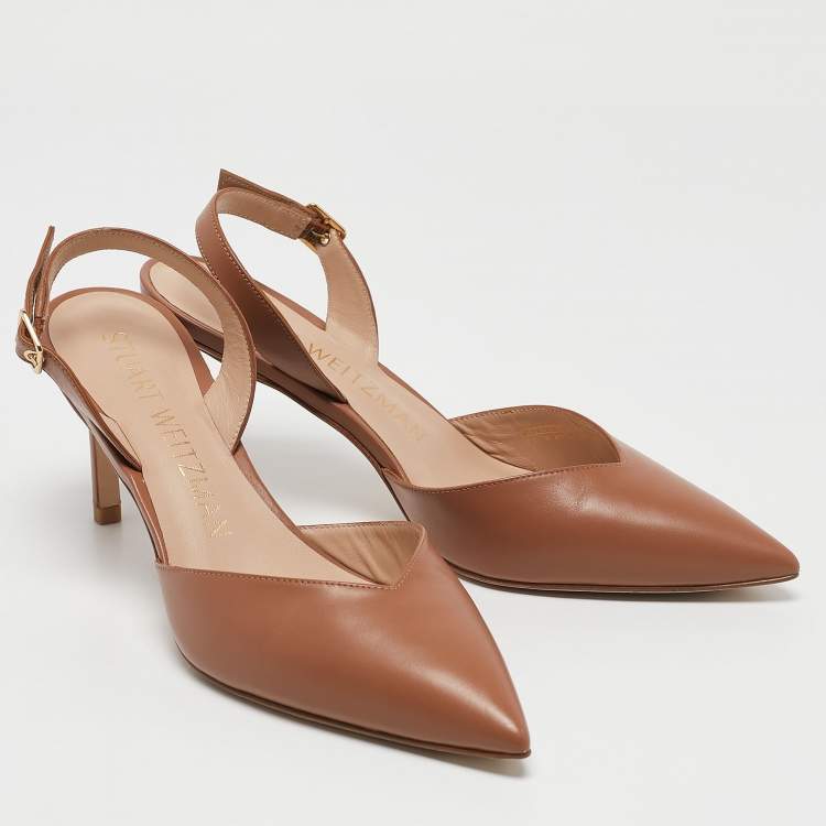Pre Owned Stuart Weitzman Brown Leather Ryder Slingback Pumps Size 38