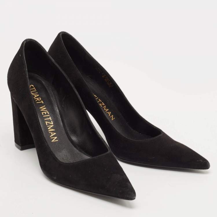 Pre Owned Stuart Weitzman Black Suede Pointed Toe Block Heel Pumps Size 39.5
