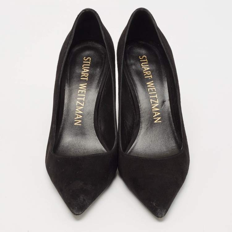 Pre Owned Stuart Weitzman Black Suede Pointed Toe Block Heel Pumps Size 39.5